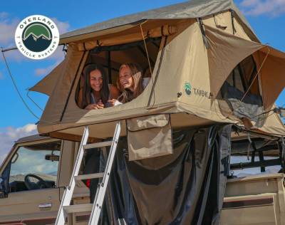 Overland Vehicle Systems - TMBK 3 Roof Top Tent - Tan Base With Green Rain Fly, Black Aluminum Base, Black Ladder